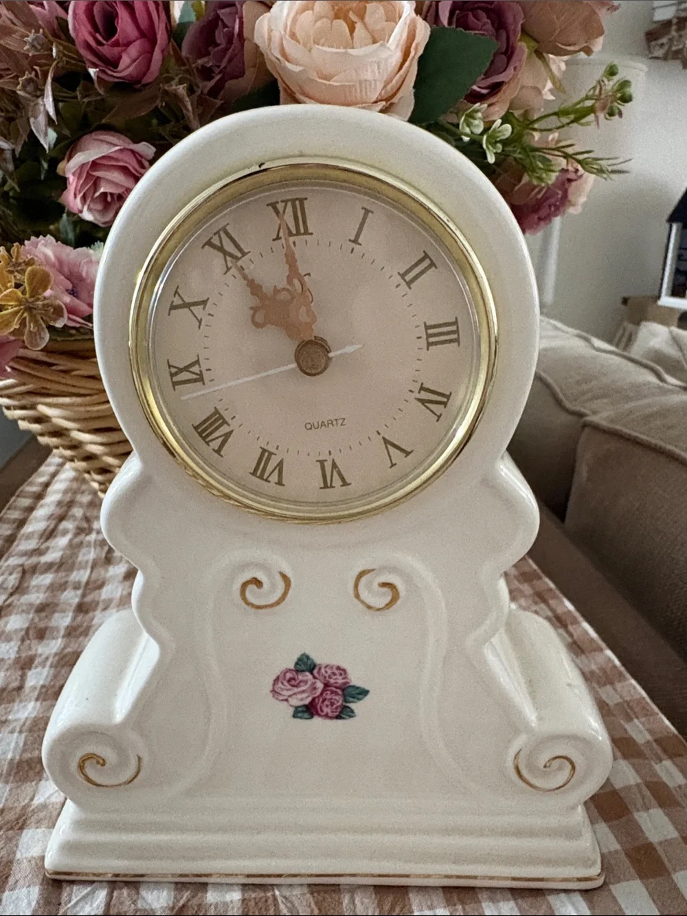White Ceramic Mantel Clock with Pink Rose Motif